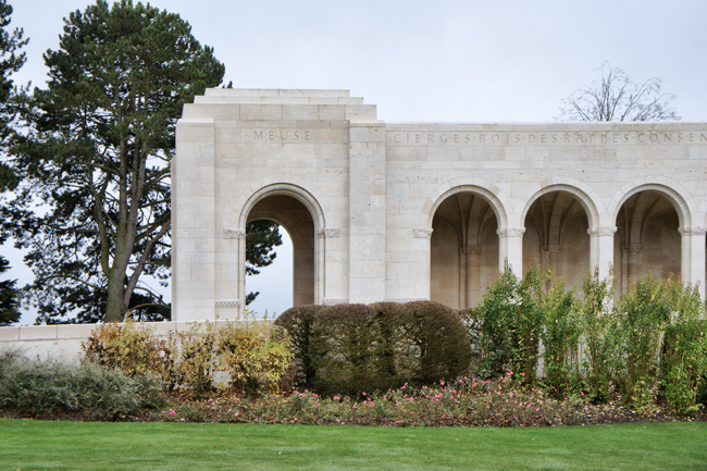 Photograph of  November roses at Meuse-Argonne American Cemetery monument on Veterans Day 2015.